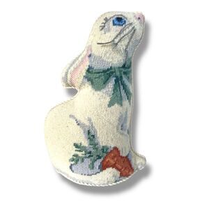 Vintage Handmade Needlepoint Soft Doorstop White Bunny Rabbit Carrot Weighted